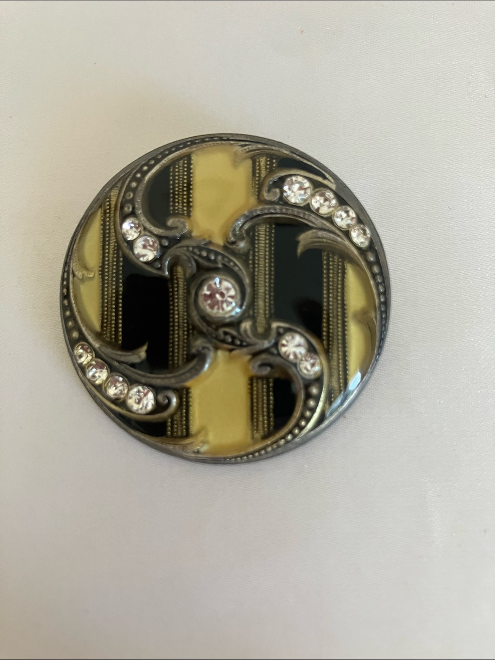 Catherine Popesco France Black and Cream Enamel Crystal Swirl Brooch